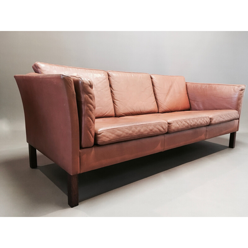 Vintage 3-seater leather and teak sofa