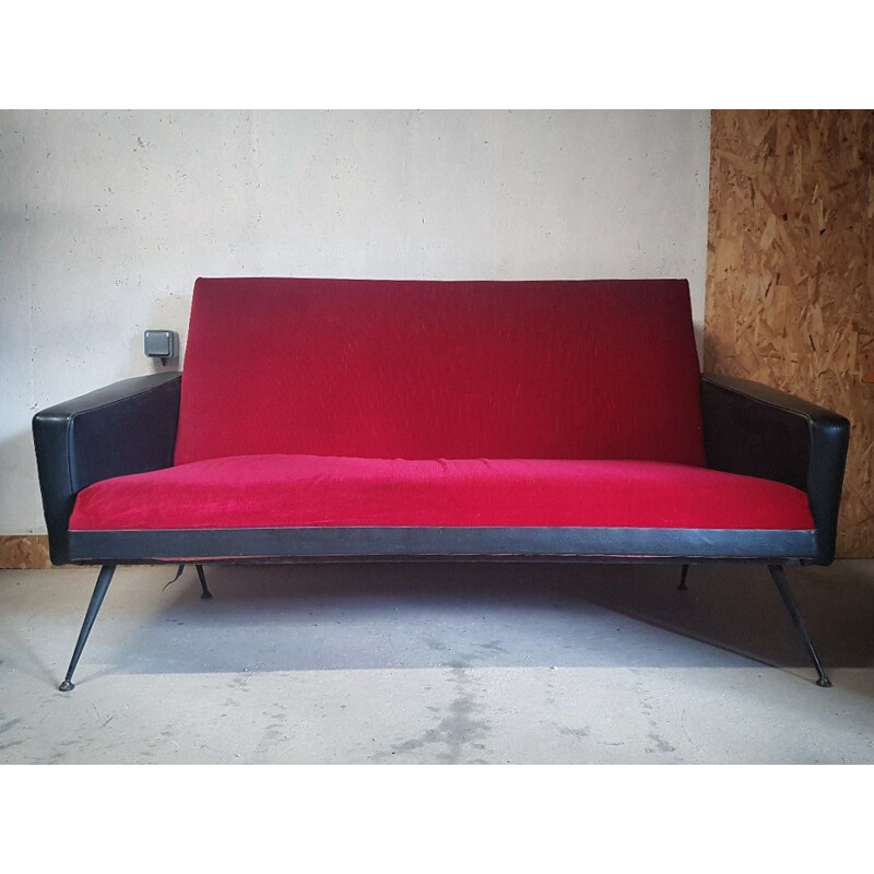 Vintage sofa in black skai and compass feet