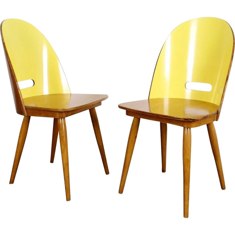 Set of 2 dining chairs in yellow fabric 1960