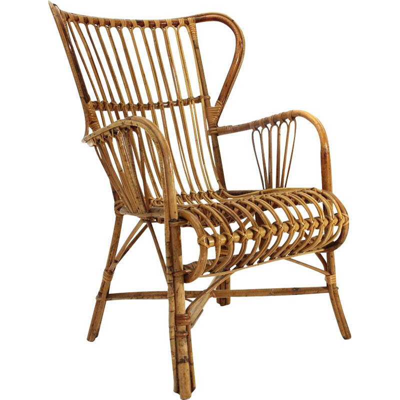 Vintage rattan italian wingback armchair, 1950