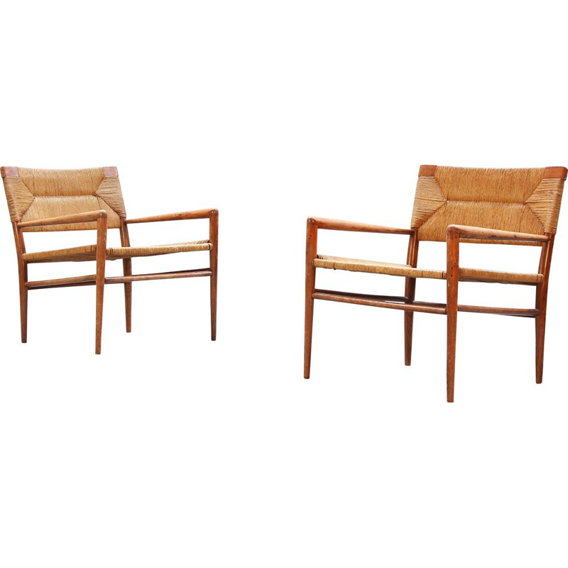 Set of 2 vintage rattan and wooden armchairs by Mel Smilow, Denmark, 1960s