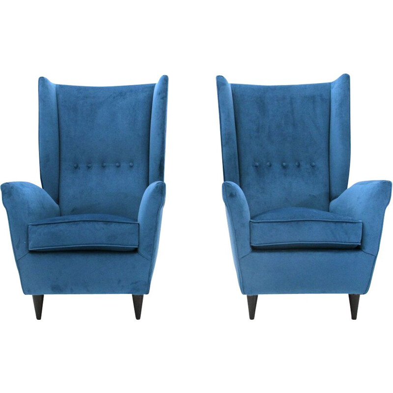 Set of 2 vintage blue velvet armchairs, Italy, 1950s