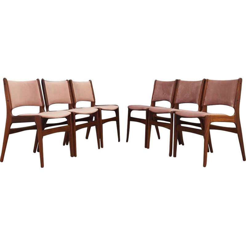 Ensemble de 6 chaises vintage en velours rose par H. Kjaernulf, 1960-70