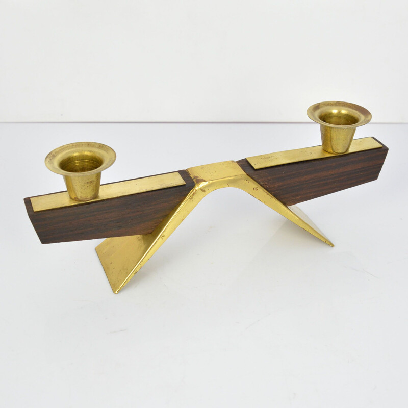 Vintage teak two-armed candlestick, Denmark, 1970s