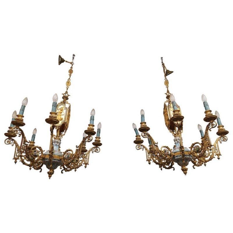 Set of 2 vintage classic chandelier in bronze and porcelain