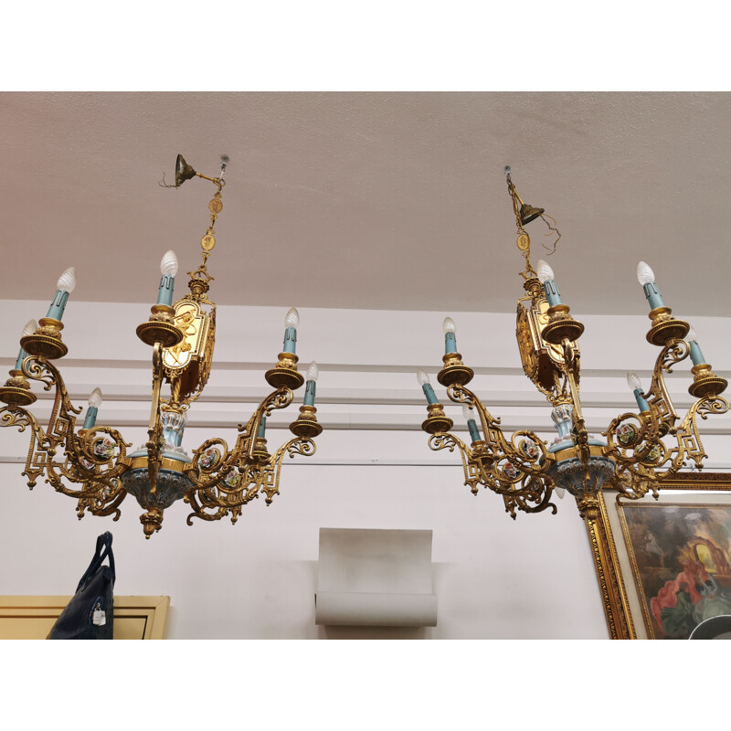 Set of 2 vintage classic chandelier in bronze and porcelain