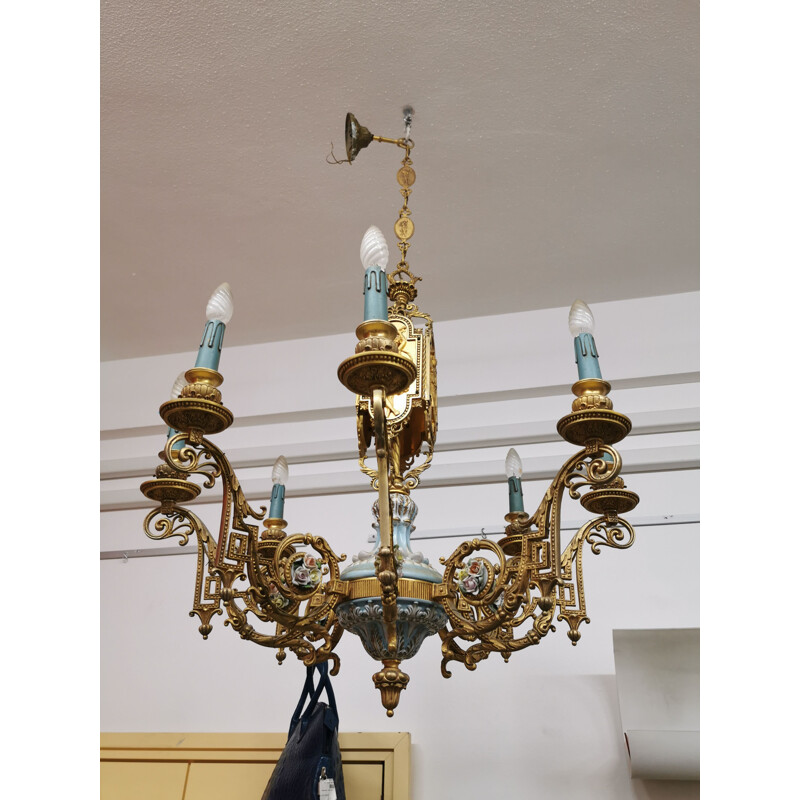 Set of 2 vintage classic chandelier in bronze and porcelain