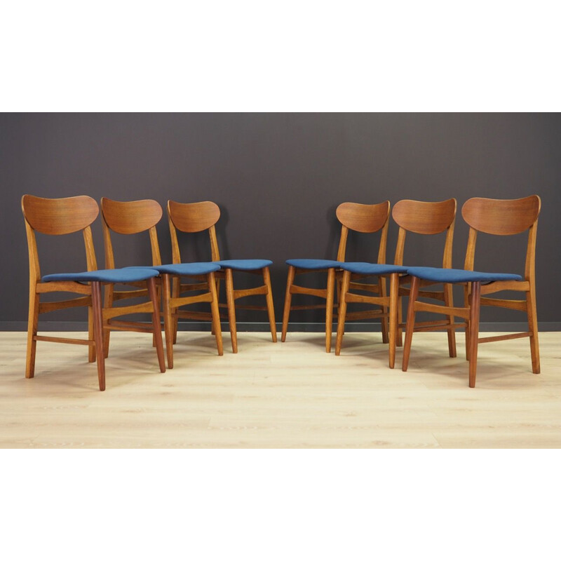 Set of 6 vintage chairs in teak and blue velvet, Denmark, 1960-70s