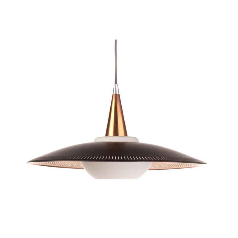 Vintage black copper and opaline glass Lyfa pendant light  by Bent Karlby, 1960s