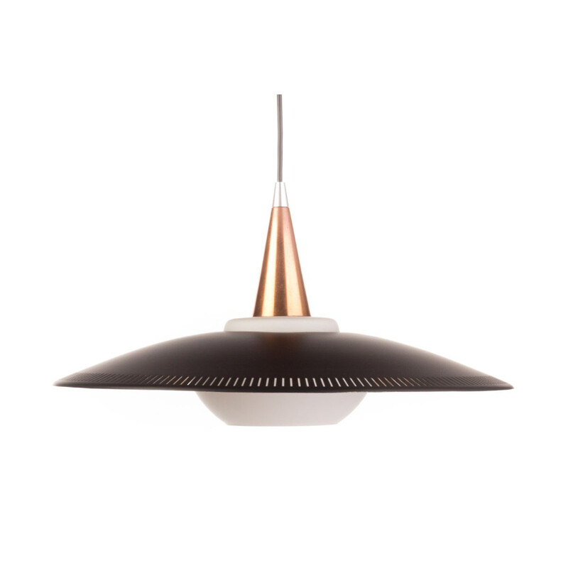 Vintage black copper and opaline glass Lyfa pendant light  by Bent Karlby, 1960s