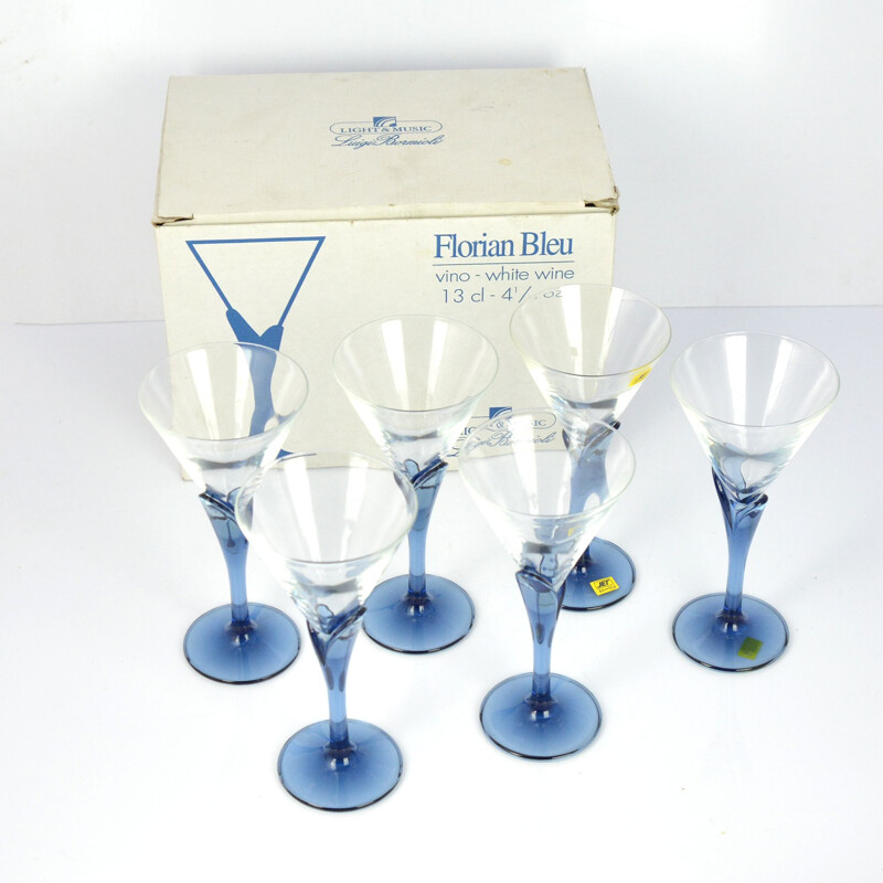 Set of 6 vintage crystal glasses Florian Blue for Light & Music by Luigi Bormioli, Italy of the 1980s