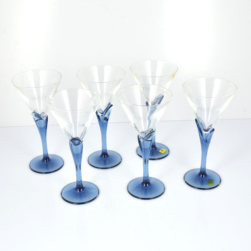 Set of 6 vintage crystal glasses Florian Blue for Light & Music by Luigi Bormioli, Italy of the 1980s