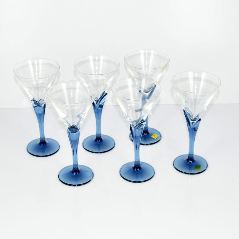 Ensemble de 6 verres en cristal vintage Florian Blue pour Light & Musique de Luigi Bormioli, Italie 1980