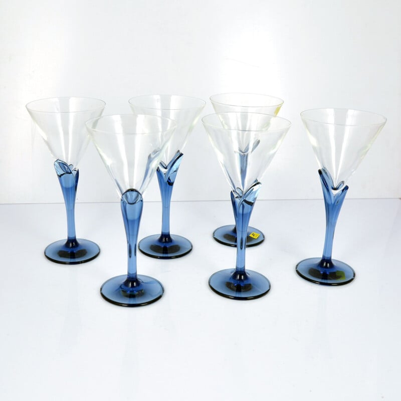 Ensemble de 6 verres en cristal vintage Florian Blue pour Light & Musique de Luigi Bormioli, Italie 1980