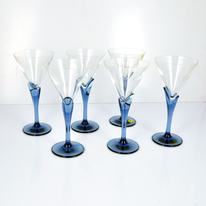 Set of 6 vintage crystal glasses Florian Blue for Light & Music by Luigi Bormioli, Italy of the 1980s