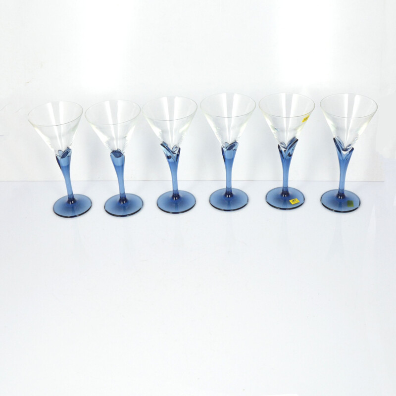 Set of 6 vintage crystal glasses Florian Blue for Light & Music by Luigi Bormioli, Italy of the 1980s