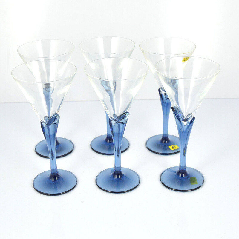 Set of 6 vintage crystal glasses Florian Blue for Light & Music by Luigi Bormioli, Italy of the 1980s