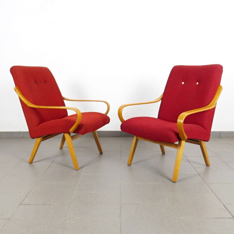 Vintage pair of red Armchairs, Czechoslovakia, 1960