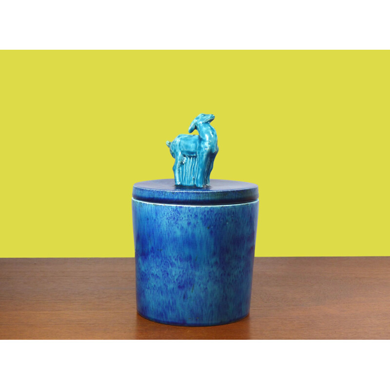 Vintage Art Deco pot in blauw geglazuurde keramiek