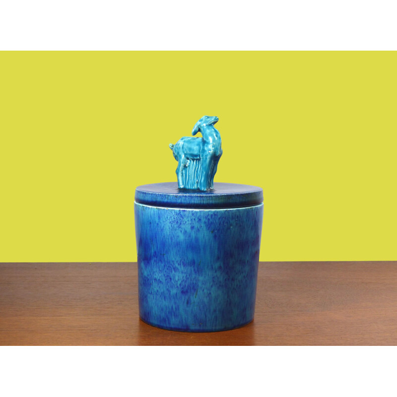Vintage Art Deco pot in blue glazed ceramic
