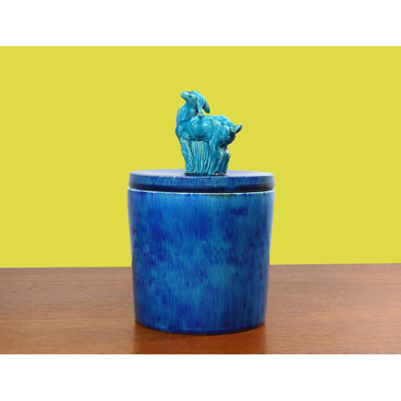 Vintage Art Deco Pot aus blau glasierter Keramik