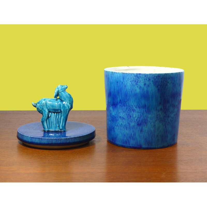 Maceta Art Decó vintage en cerámica esmaltada azul