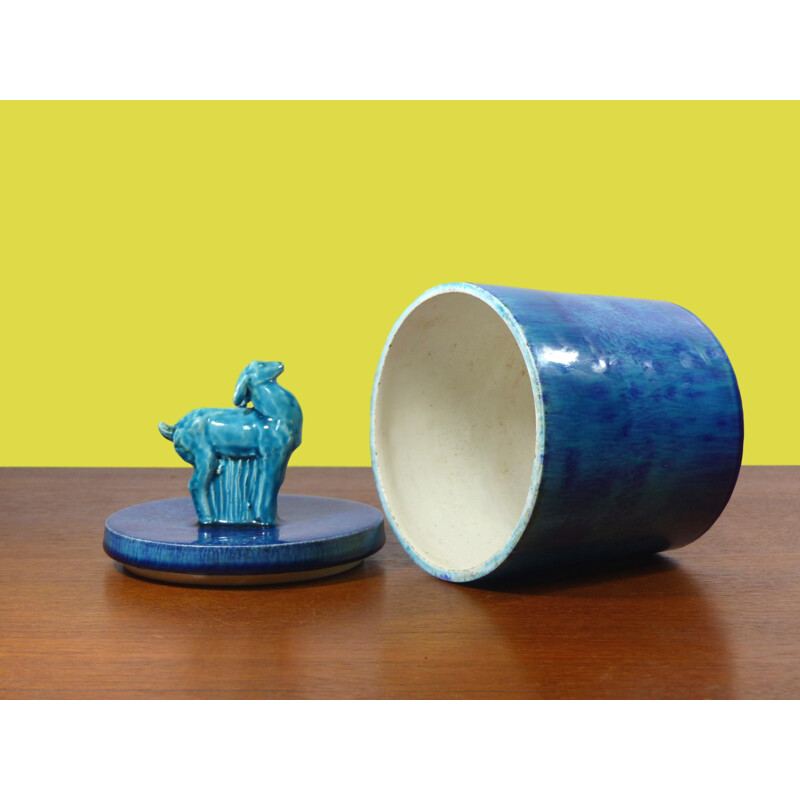Maceta Art Decó vintage en cerámica esmaltada azul