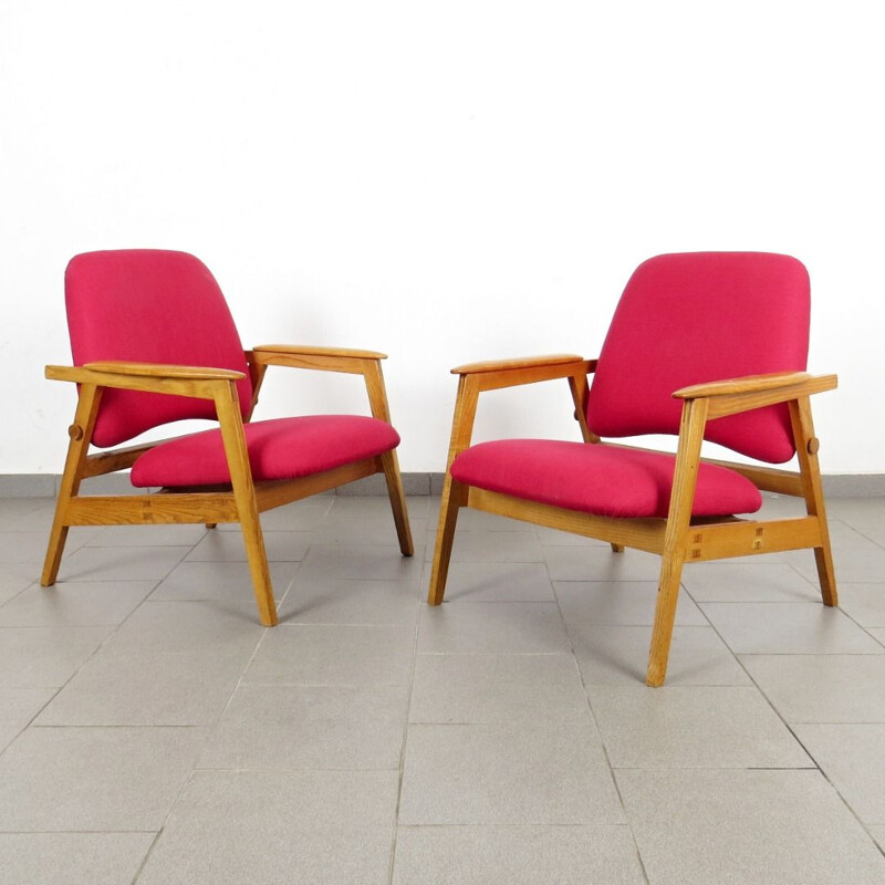 Vintage pair of red armchairs, Czechoslovakia 1960