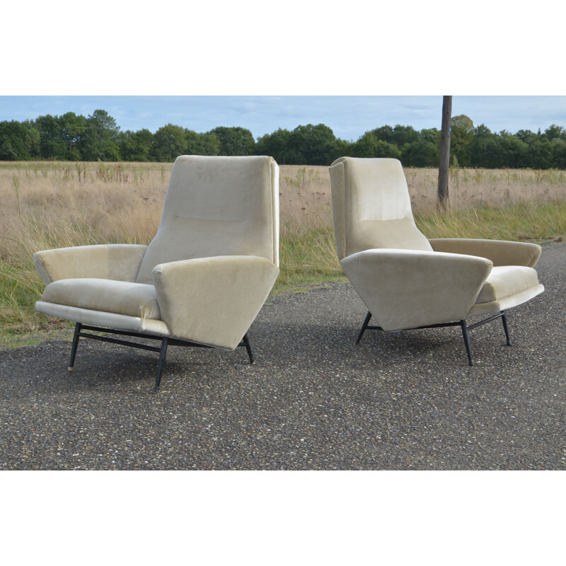 Pair of vintage armchairs by Guy Besnard in velvet 