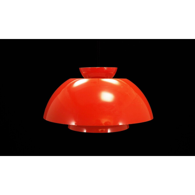 Vintage red steel pendant light, retro design, 1960-70s