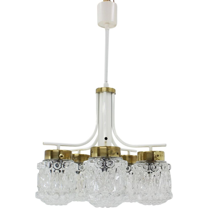 Vintage glass and brass chandelier by Kamenický Šenov, Czechoslovakia 1970