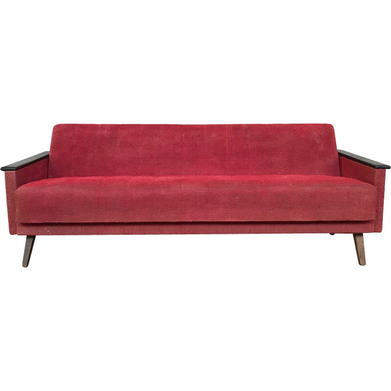 Red vintage fabric and wood sofa, 1950-60s