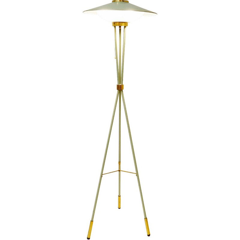 Vintage brass, steel and glass floorlamp on tripod by Stilnovo