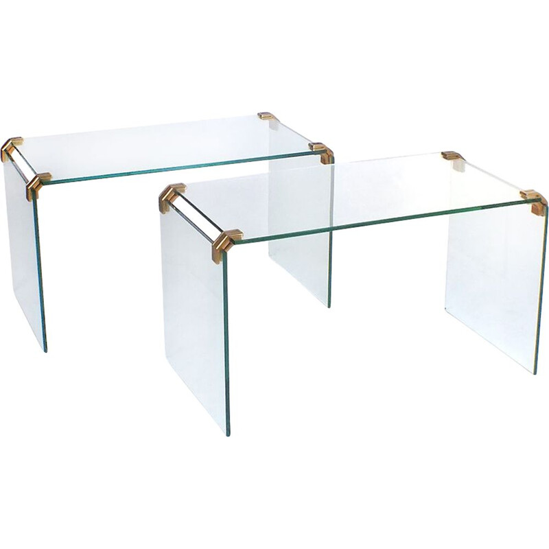 Set of 2 vintage glass and brass tables
