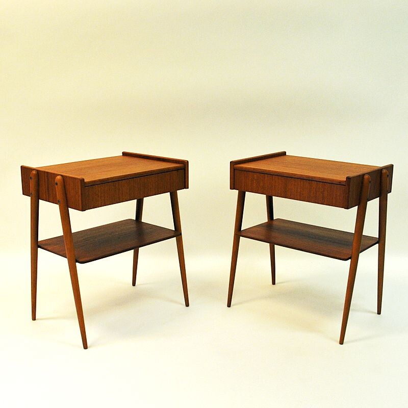 Set of 2 vintage teak bed side tables by AB Carlström & Co Möbelfabrik, Sweden 1950-60s