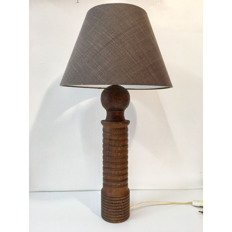 Vintage table lamp in oak and beige velvet foot