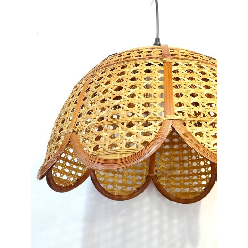 Vintage wicker pendant light in the shape of a flower, 1970-80s