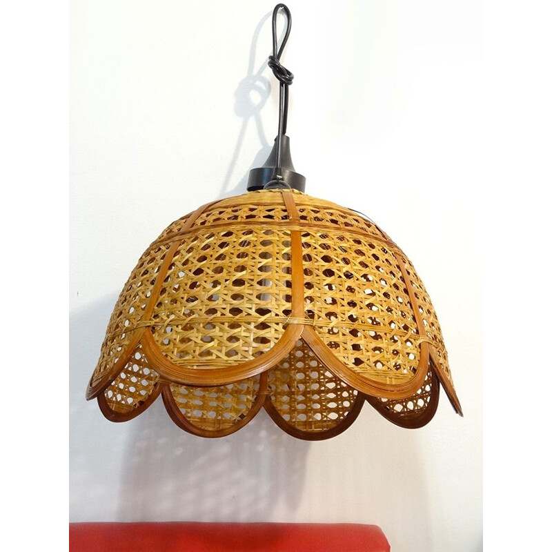 Vintage wicker pendant light in the shape of a flower, 1970-80s