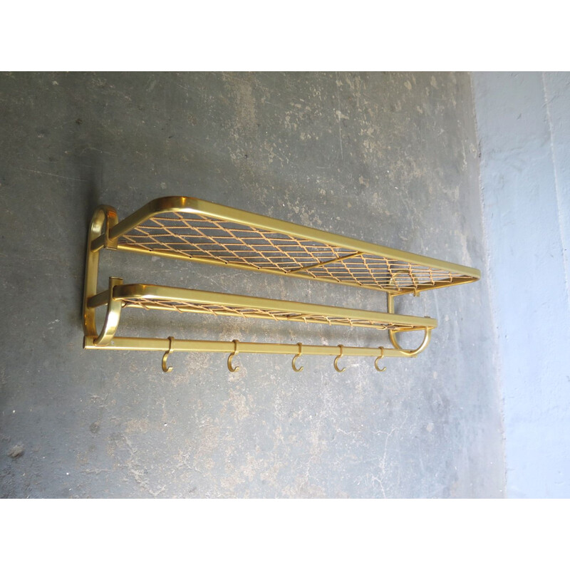 Vintage golden coat rack with string shelf 1960