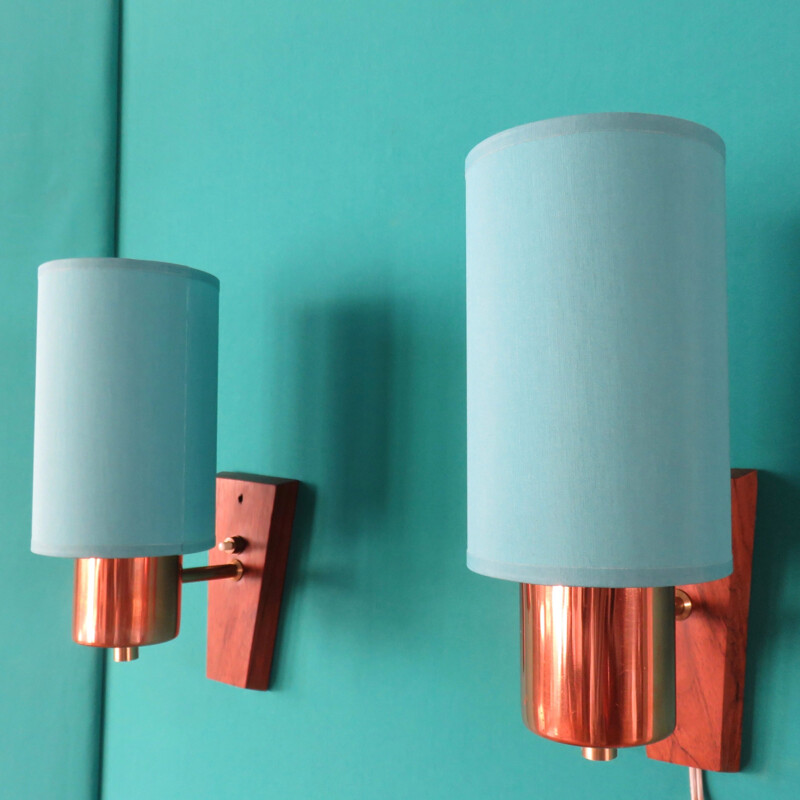 Pair of vintage blue wall lamp in rosewood and brass, Denmark 1960