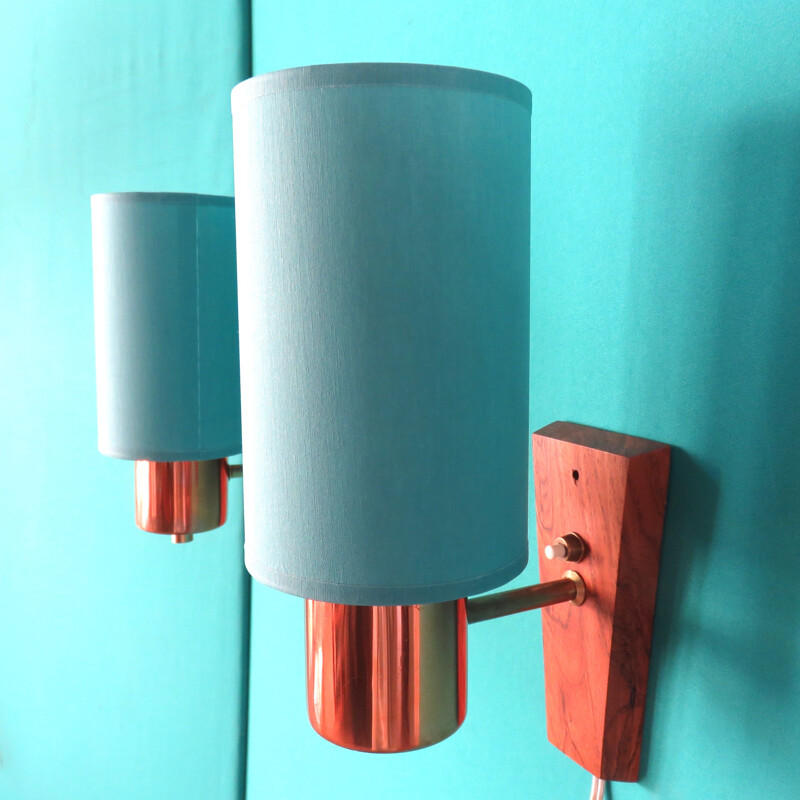 Pair of vintage blue wall lamp in rosewood and brass, Denmark 1960