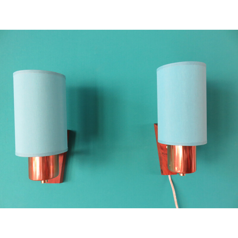 Pair of vintage blue wall lamp in rosewood and brass, Denmark 1960