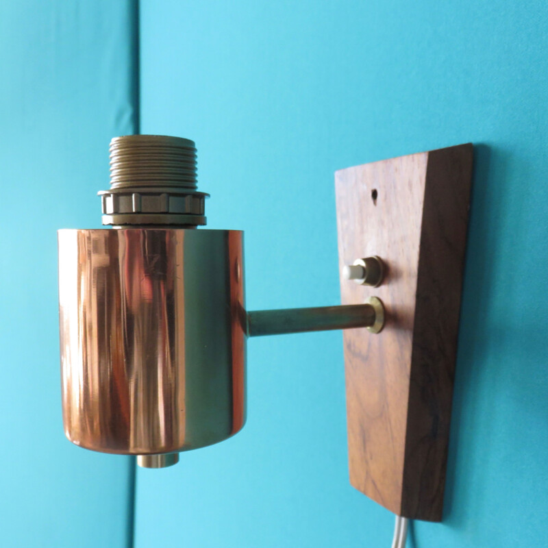 Pair of vintage blue wall lamp in rosewood and brass, Denmark 1960