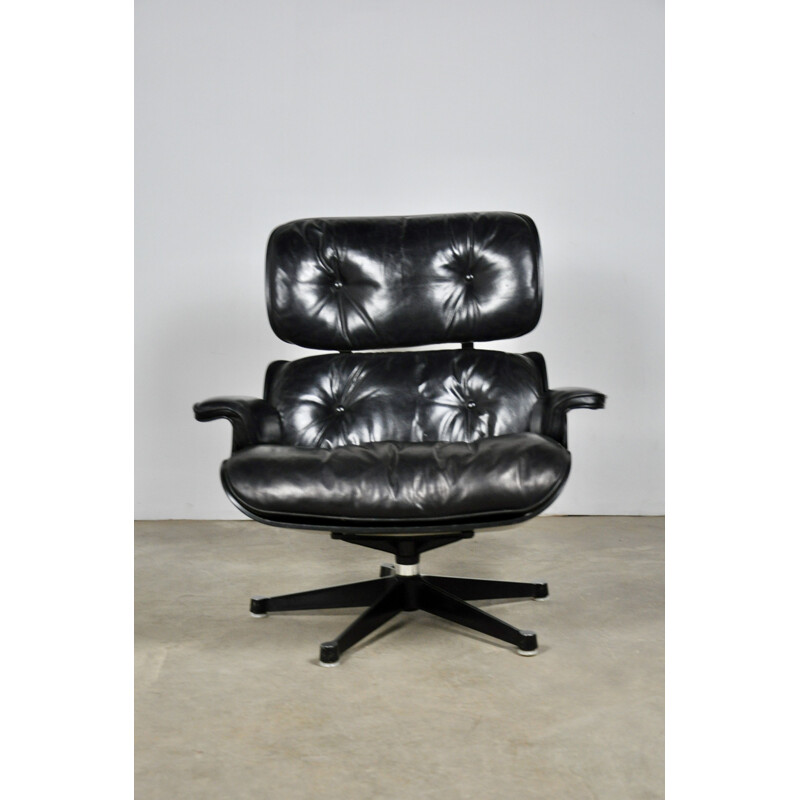 Vintage black leather desk armchair by Charles & Ray Eames, 1970s