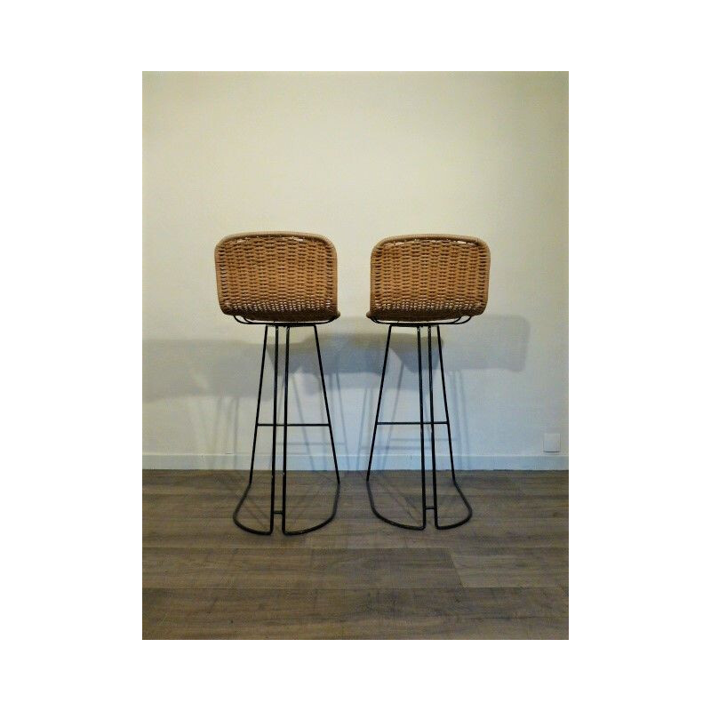 Set of 2 vintage rattan stools, 1980s