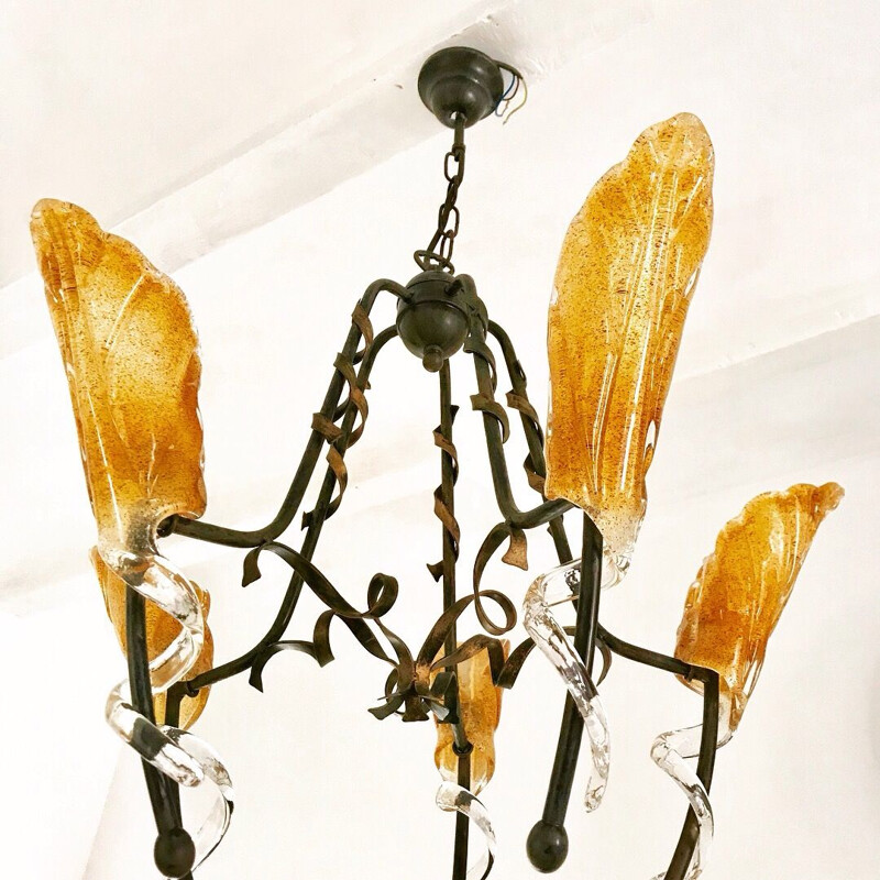 Vintage Murano glass gold flower chandelier, 2000s