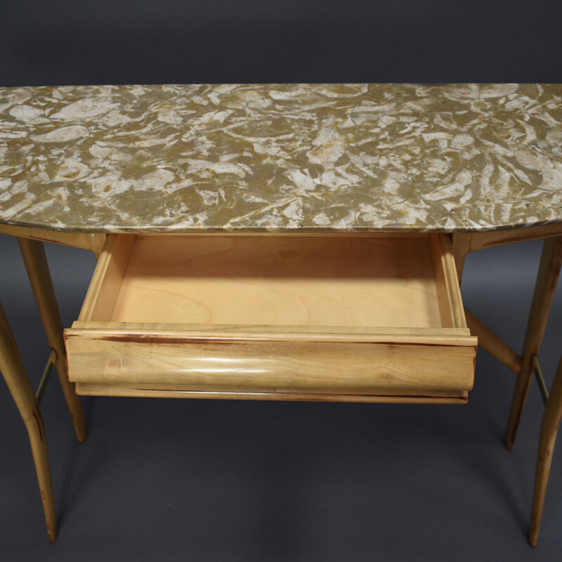 Vintage console table in birch, marble and brass, Italy, 1950s