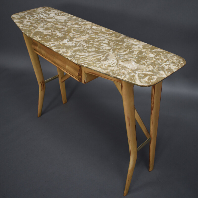 Vintage console table in birch, marble and brass, Italy, 1950s