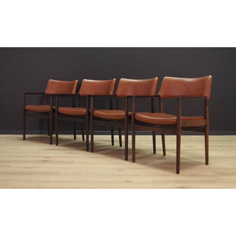 Vintage set of 4 leather and oak armchairs, Denmark, 1960-70s