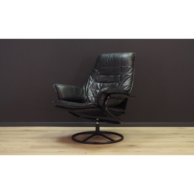 Vintage black leather armchair, Denmark, 1960-70s